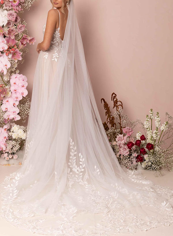 A-Line V-Neck Sleeveless Floor-Length Lace Wedding Dresses