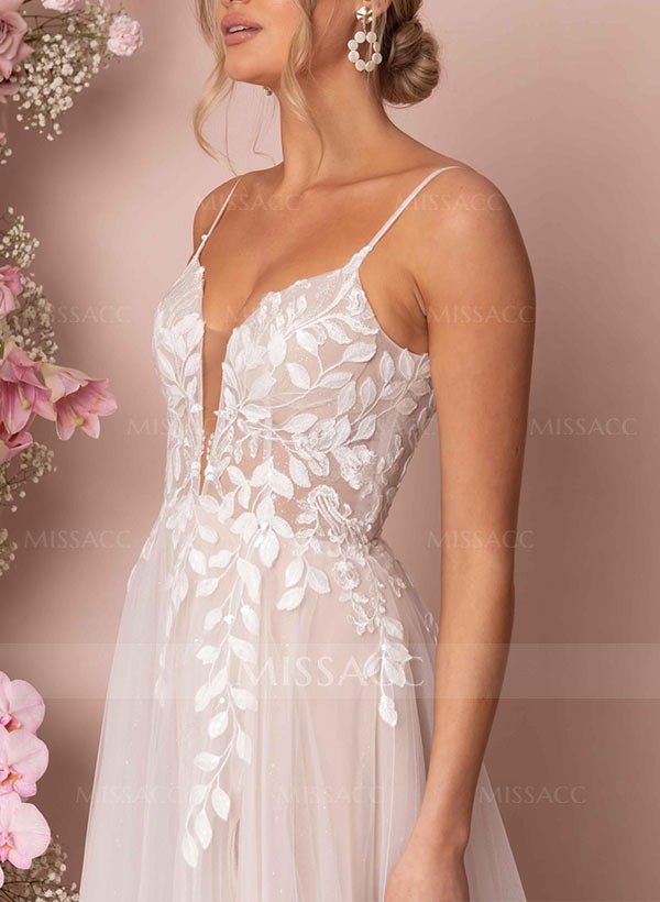 A-Line V-Neck Sleeveless Floor-Length Lace Wedding Dresses