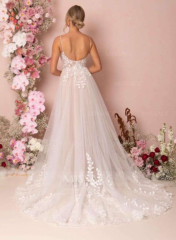 A-Line V-Neck Sleeveless Floor-Length Lace Wedding Dresses