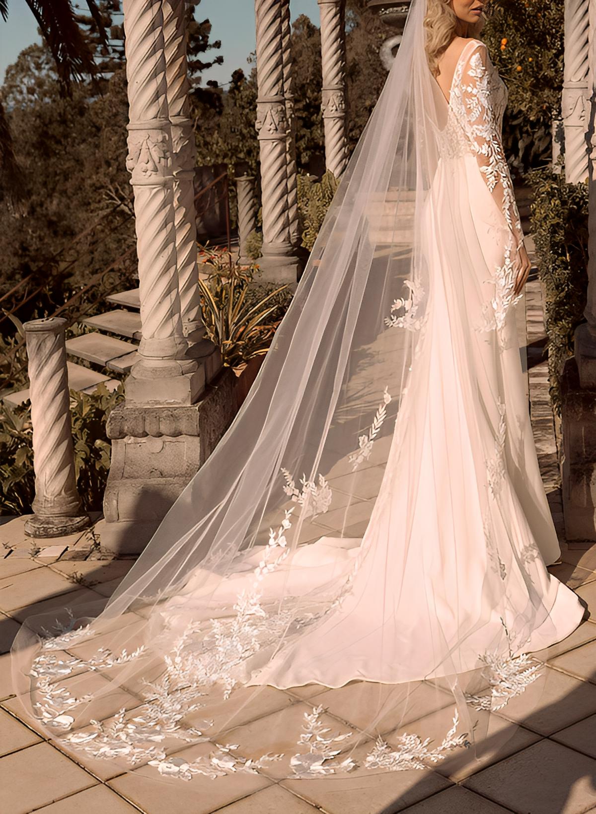 Mermaid V-Neck Long Sleeves Sweep Train Lace/Elastic Satin Wedding Dresses