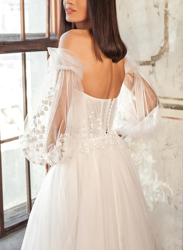 A-Line Strapless Long Sleeves Floor-Length Tulle Wedding Dresses With Appliques Lace