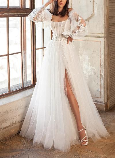 A-Line Strapless Long Sleeves Floor-Length Tulle Wedding Dresses With Appliques Lace