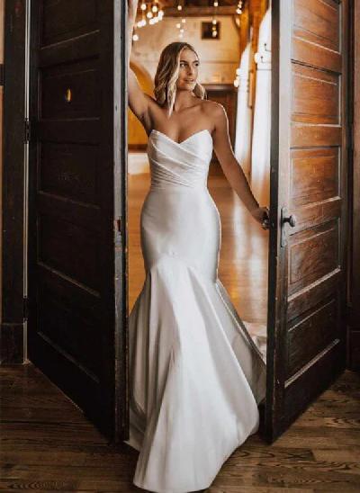Sheath/Column Strapless Sleeveless Sweep Train Satin Wedding Dresses