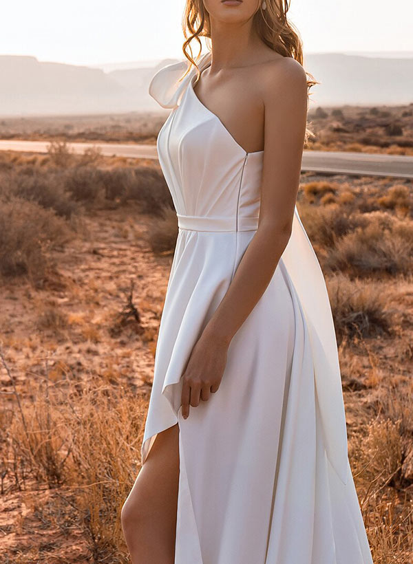 A-Line One-Shoulder Sleeveless Sweep Train Satin Wedding Dresses With Split Front