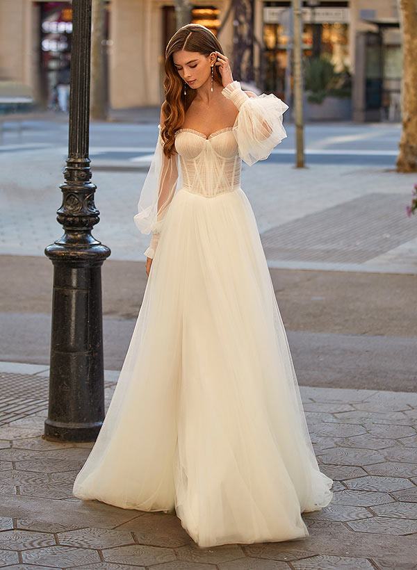 A-Line Sweetheart Long Sleeves Sweep Train Tulle Wedding Dresses With Pleated
