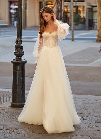 A-Line Sweetheart Long Sleeves Sweep Train Tulle Wedding Dresses With Pleated