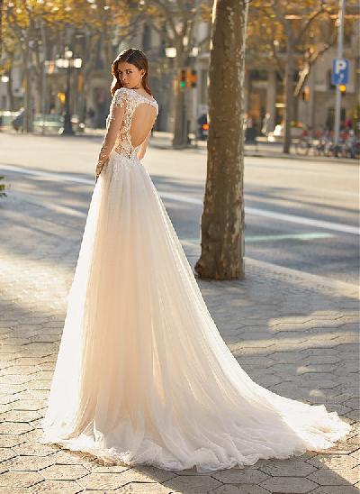 A-Line V-Neck Long Sleeves Sweep Train Lace/Tulle Wedding Dresses