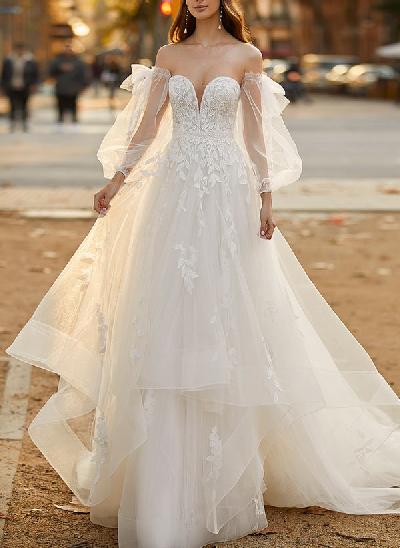 A-Line Sweetheart Long Sleeves Sweep Train Lace/Tulle Wedding Dresses With Lace