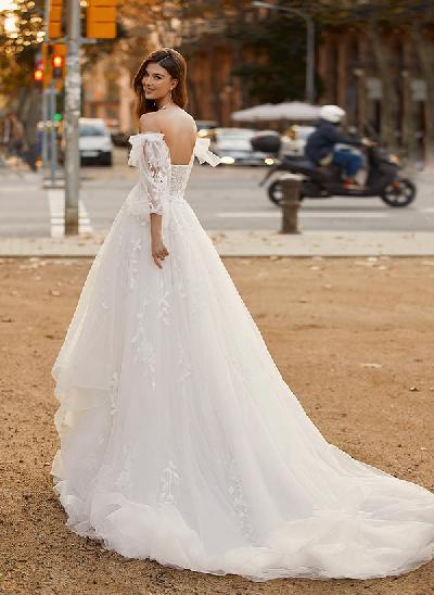 A-Line Sweetheart Long Sleeves Sweep Train Lace/Tulle Wedding Dresses With Lace