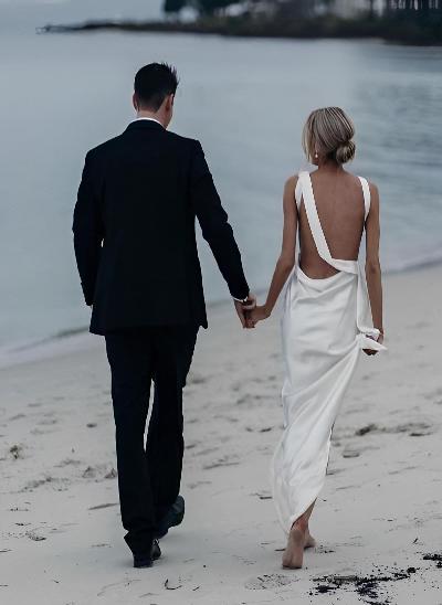 Beach Open Back Sleeveless Floor-Length Silk Like Satin Wedding Dresses