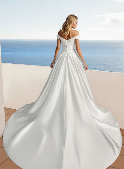 Off-The-Shoulder Simple A-Line Pleated Wedding Dresses With Split Front