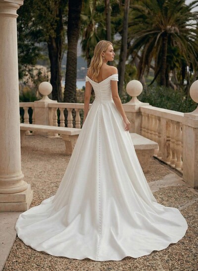 Off-The-Shoulder Simple A-Line Pleated Wedding Dresses With Split Front