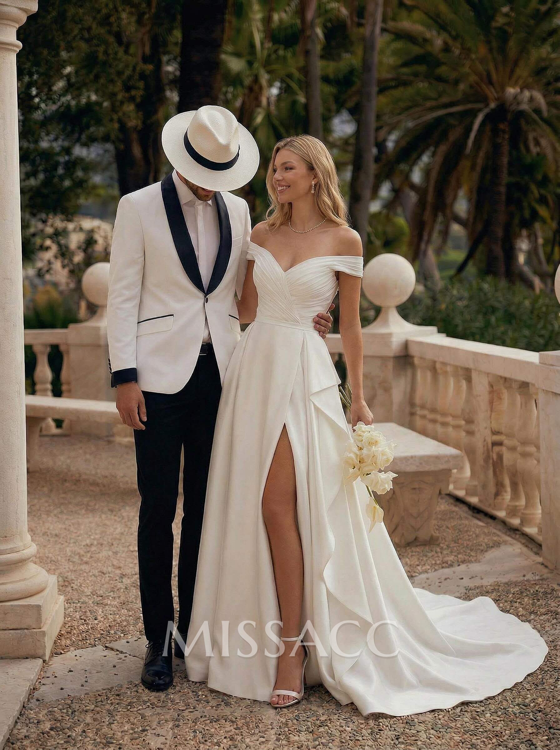 Off-The-Shoulder Simple A-Line Pleated Wedding Dresses With Split Front Off-The-Shoulder Simple A-Line Pleated Wedding Dresses With Split Front