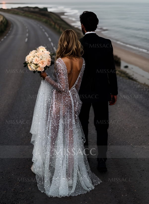 Boho Sequin V-Neck Long Sleeves Sweep Train Wedding Dresses