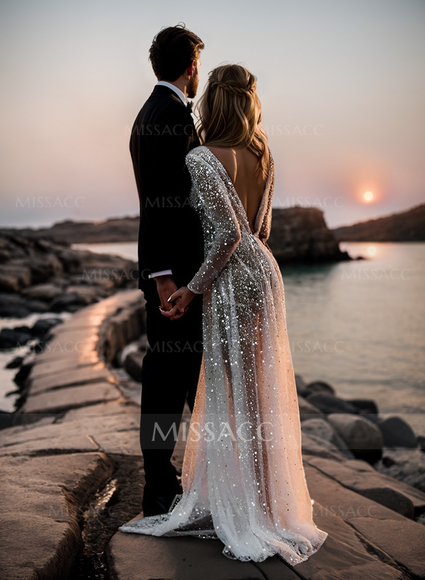 Boho Sequin V-Neck Long Sleeves Sweep Train Wedding Dresses