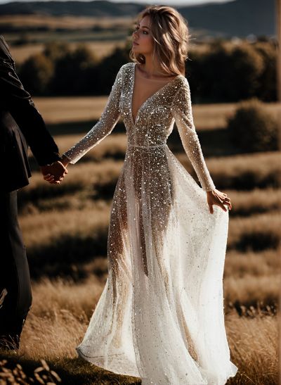 Boho Sequin V-Neck Long Sleeves Sweep Train Wedding Dresses