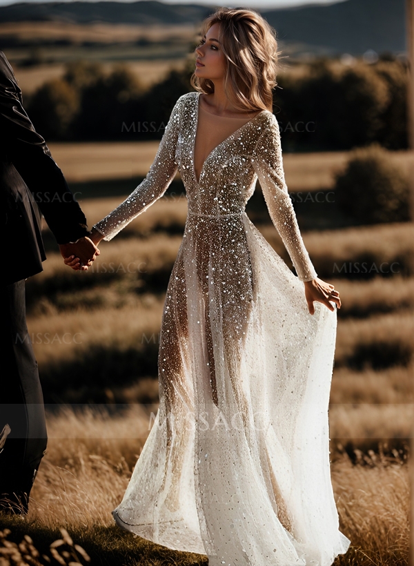 Boho Sequin V-Neck Long Sleeves Sweep Train Wedding Dresses