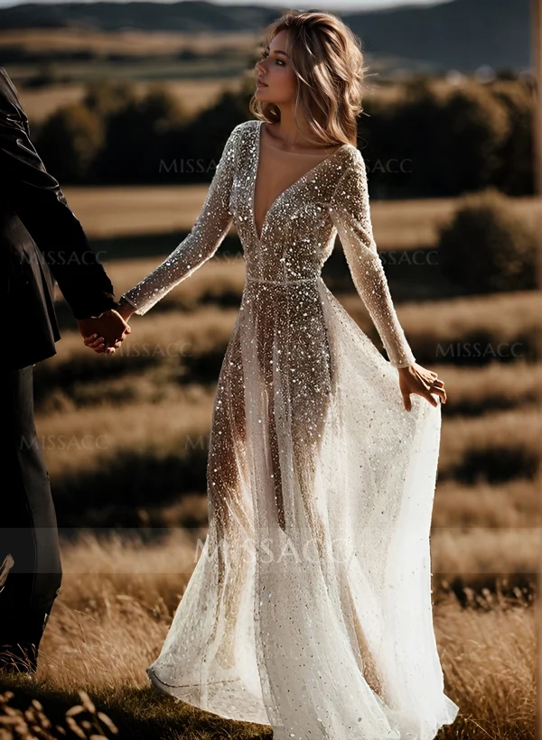 Missacc Bride Boho Sexy Sequin V-Neck Long Sleeves Sweep Train Wedding Dresses