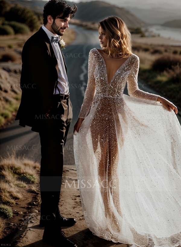 Boho Sequin V-Neck Long Sleeves Sweep Train Wedding Dresses