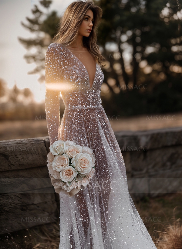 Boho Sequin V-Neck Long Sleeves Sweep Train Wedding Dresses