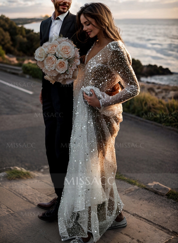 Boho Sequin V-Neck Long Sleeves Sweep Train Wedding Dresses