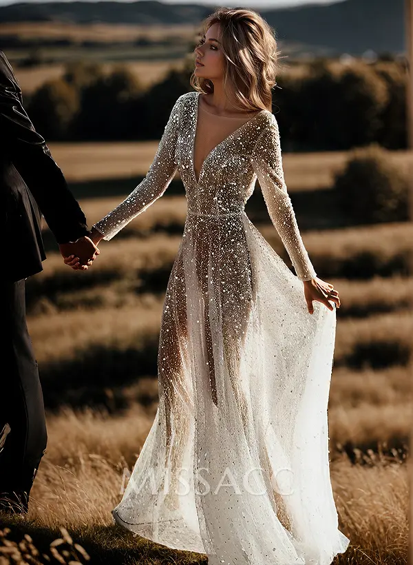boho sequin wedding dress Missacc Bride Sexy V-Neck Long Sleeves Sweep Train Dresses chic mini dress Bridesmaid Dress 2026 Watermelon Pick a Size:XS The bottom of this