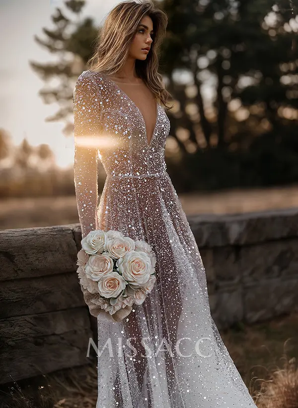 boho sequin wedding dress Missacc Bride Sexy V-Neck Long Sleeves Sweep Train Dresses Sustainable bridal statementgown Ché by Chelsey Nia Size:95 goddess boho wedding dress
