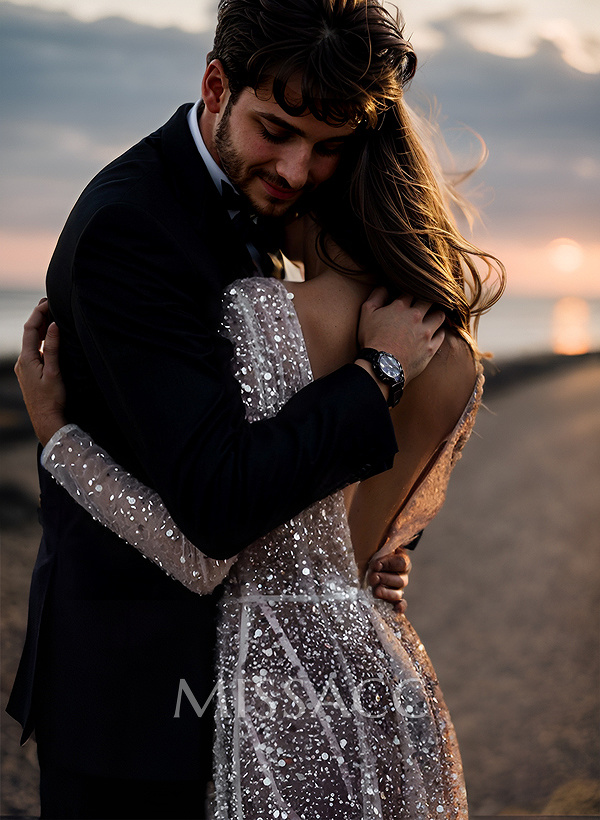 Boho Sequin V-Neck Long Sleeves Sweep Train Wedding Dresses