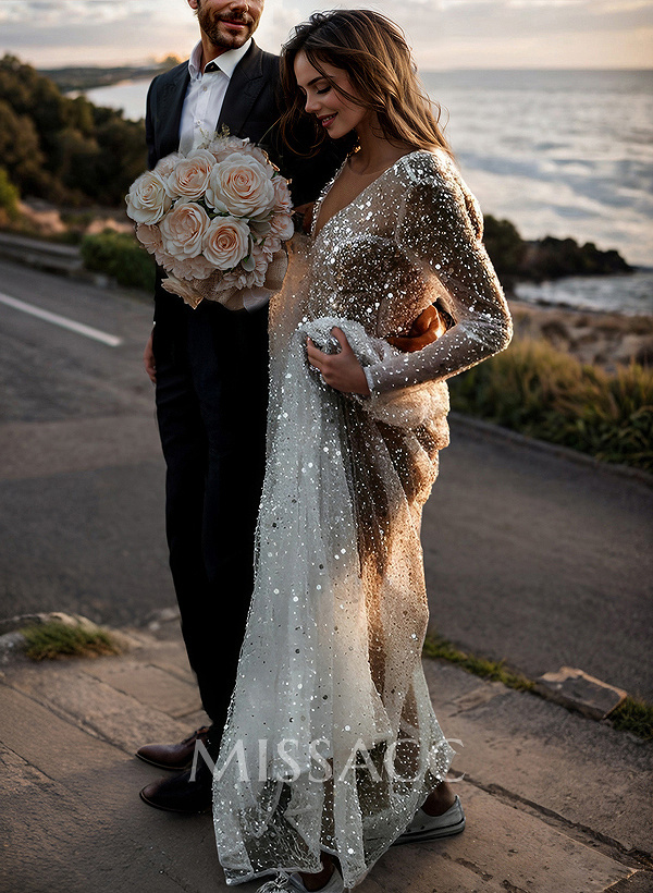 Boho Sequin V-Neck Long Sleeves Sweep Train Wedding Dresses