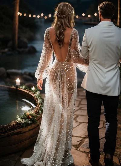 Beach Open Back V-Neck Long Sleeves Wedding Dresses