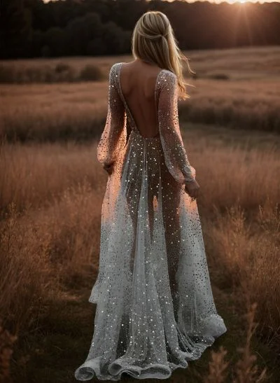 Beach Open Back V-Neck Long Sleeves Wedding Dresses