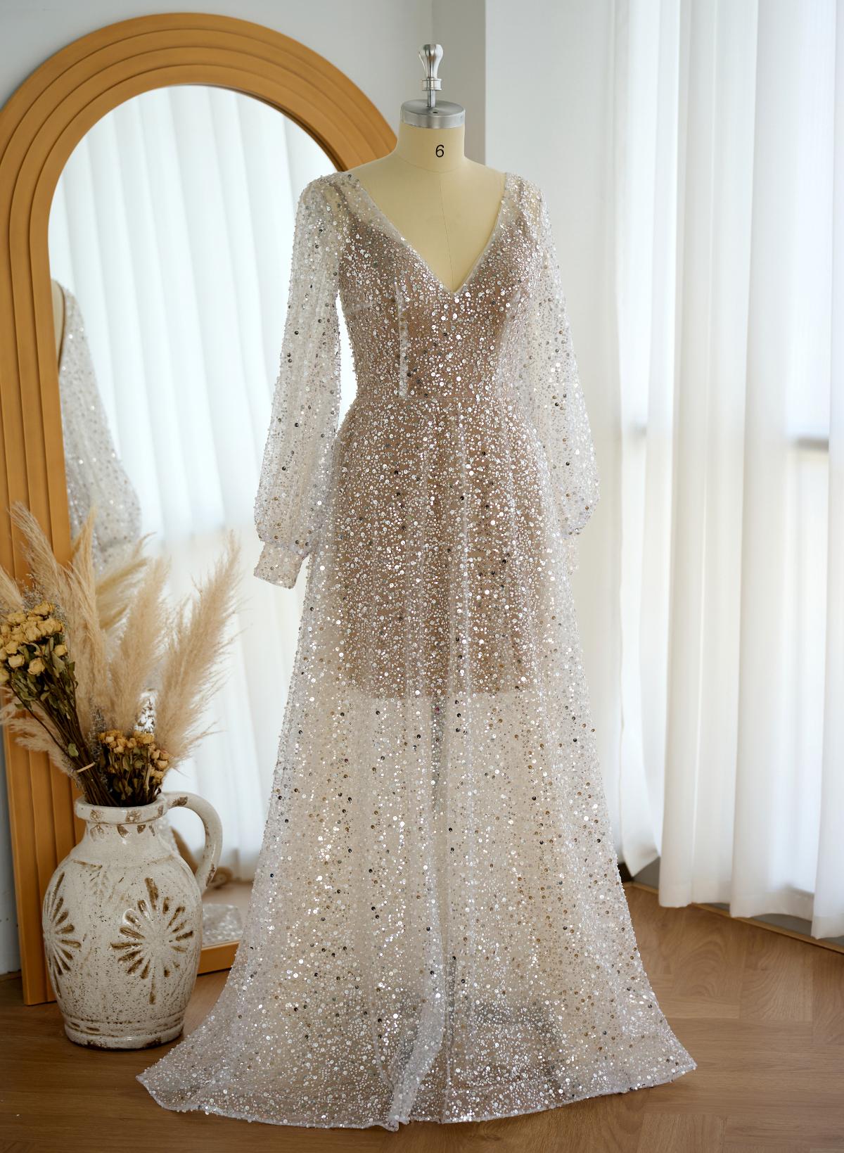 Beach Open Back V-Neck Long Sleeves Wedding Dresses