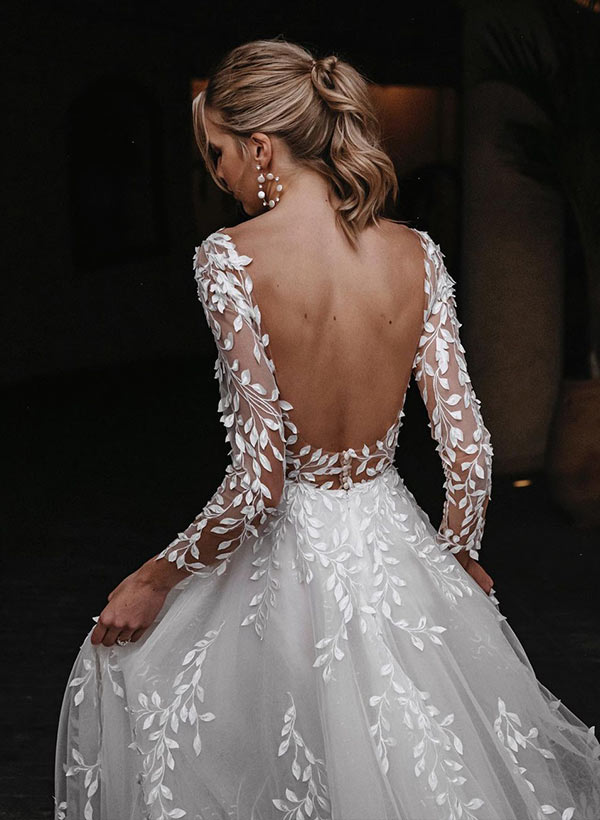 Open Back Lace Long Sleeves Sweep Train Wedding Dresses