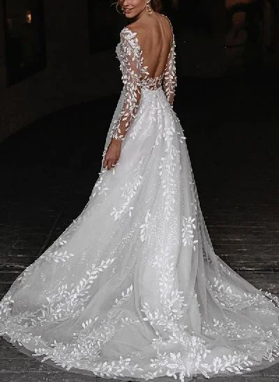 Open Back Lace Long Sleeves Sweep Train Wedding Dresses