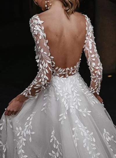 Open Back Lace Long Sleeves Sweep Train Wedding Dresses
