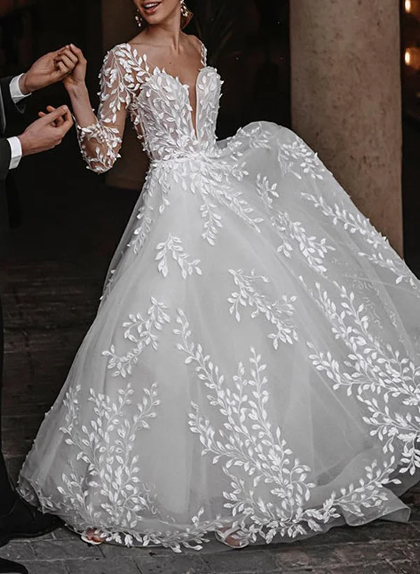 Missacc Ivory Bride Open Back Lace Long Sleeves Sweep Train Wedding Dresses