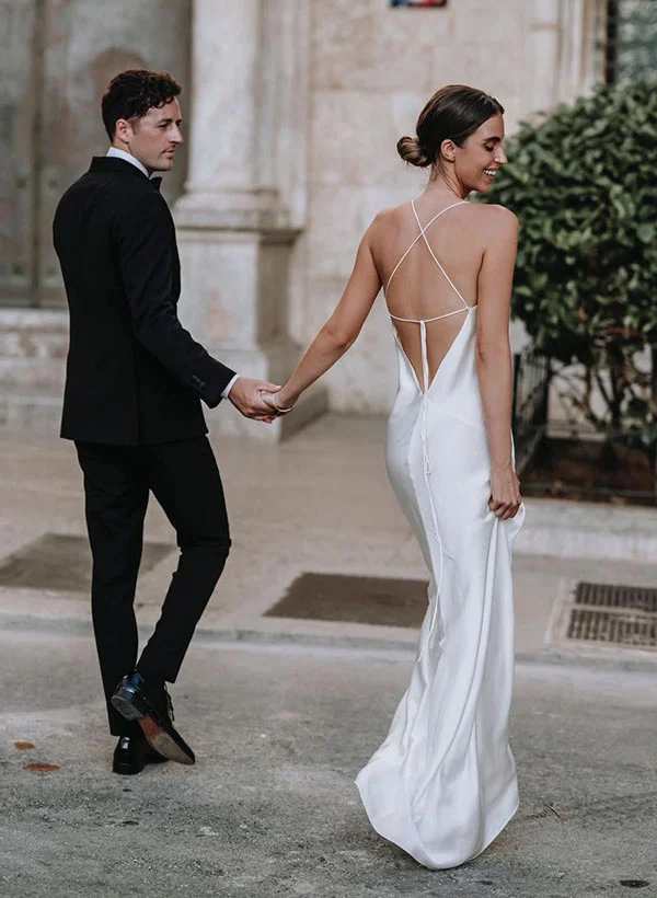 Missacc Ivory Bride Beach Open Back Sleeveless Silk Like Satin Wedding Dresses With Split Front