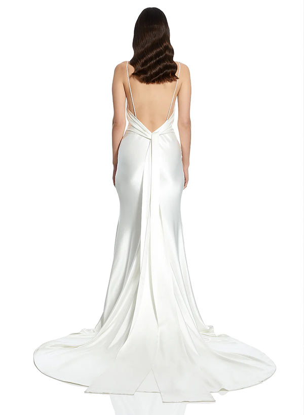 Beach Open Back V-Neck Sleeveless Silk Like Satin Wedding Dresses With Split Front