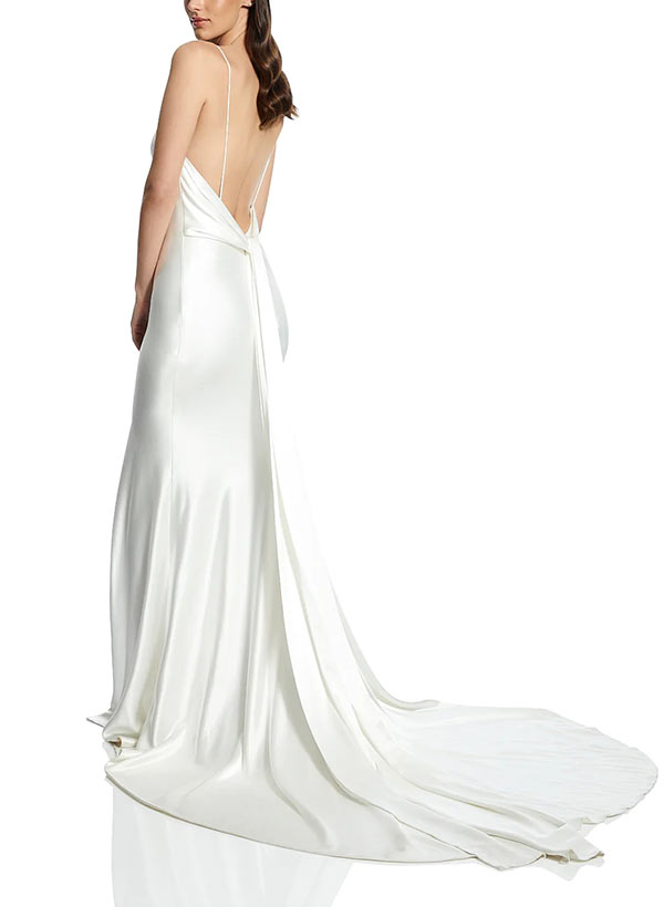 Beach Open Back V-Neck Sleeveless Silk Like Satin Wedding Dresses With Split Front