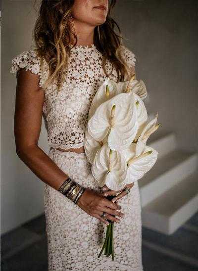Boho Lace Short Sleeves Wedding Dresses With Split Front