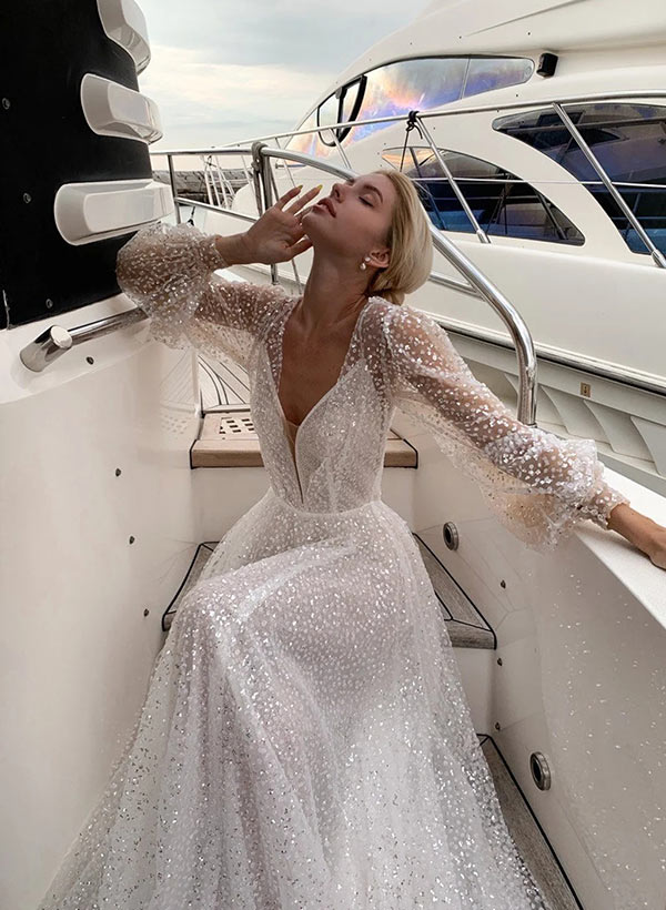 Sequin Long Sleeves V-Neck Sweep Train Sequined Wedding Dresses