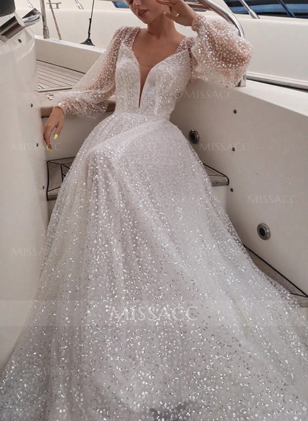 Sequin Long Sleeves V-Neck Sweep Train Sequined Wedding Dresses