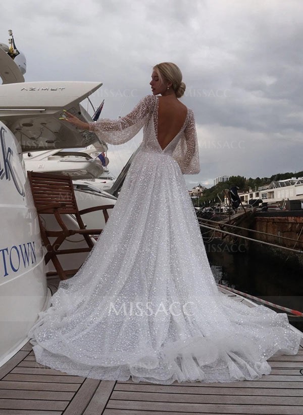 Sequin Long Sleeves V-Neck Sweep Train Sequined Wedding Dresses