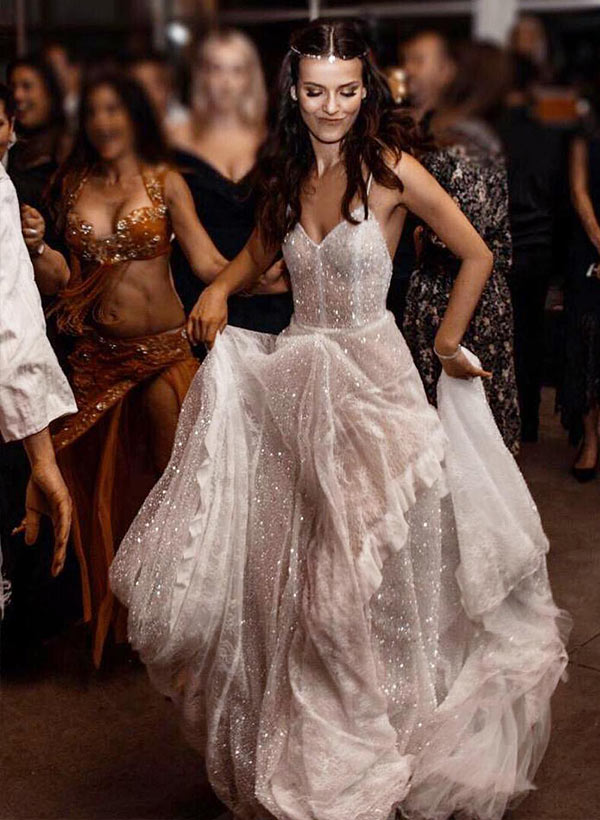 Boho Sequin V-Neck Sleeveless Sweep Train Wedding Dresses With Lace