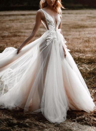 Boho V-Neck Sleeveless Sweep Train Tulle Wedding Dresses With Appliques Lace
