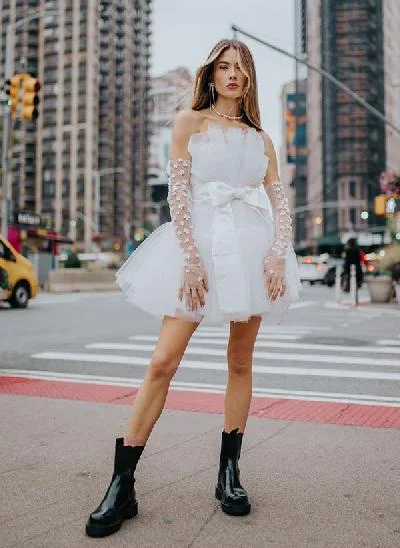 Little White Short/Mini Tulle Wedding Dresses With Bow(s) Belt