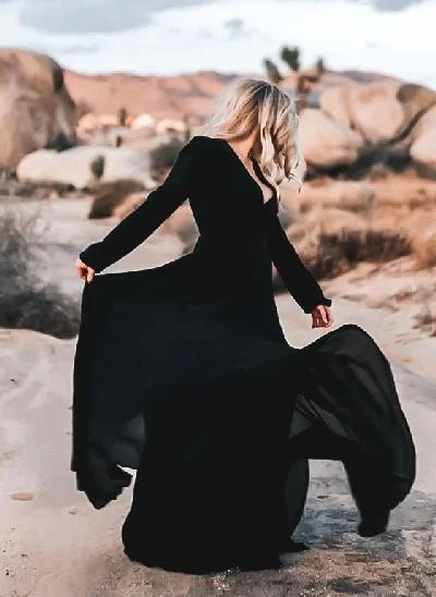 Black Boho Long Sleeves V-Neck A-Line Wedding Dresses With Chiffon