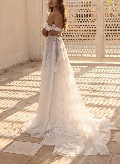 A-Line Sweetheart Sleeveless Court Train Chiffon Wedding Dresses With Appliques Lace