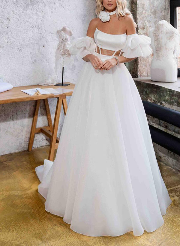 A-Line Short Sleeves Sweep Train Satin Wedding Dresses