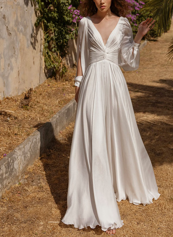 A-Line V-Neck Long Sleeves Floor-Length Silk Like Satin Wedding Dresses